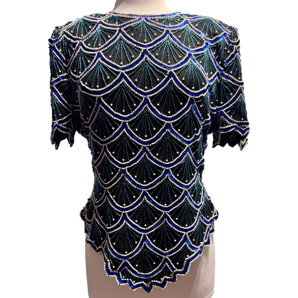 VTG Kazar Beaded Sequin Top Womens Medium Blue Teal Art Deco Scalloped Large
